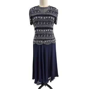 Papell Boutique Evening Navy Blue Silk Gown Beaded Sz 10 Mother of Bride
